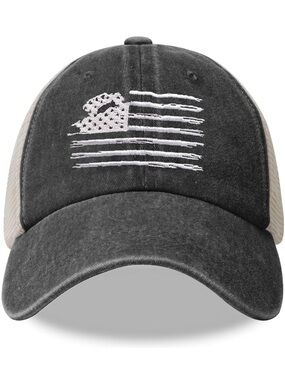 Distressed Black Trucker Hat with White Flag Embroidery